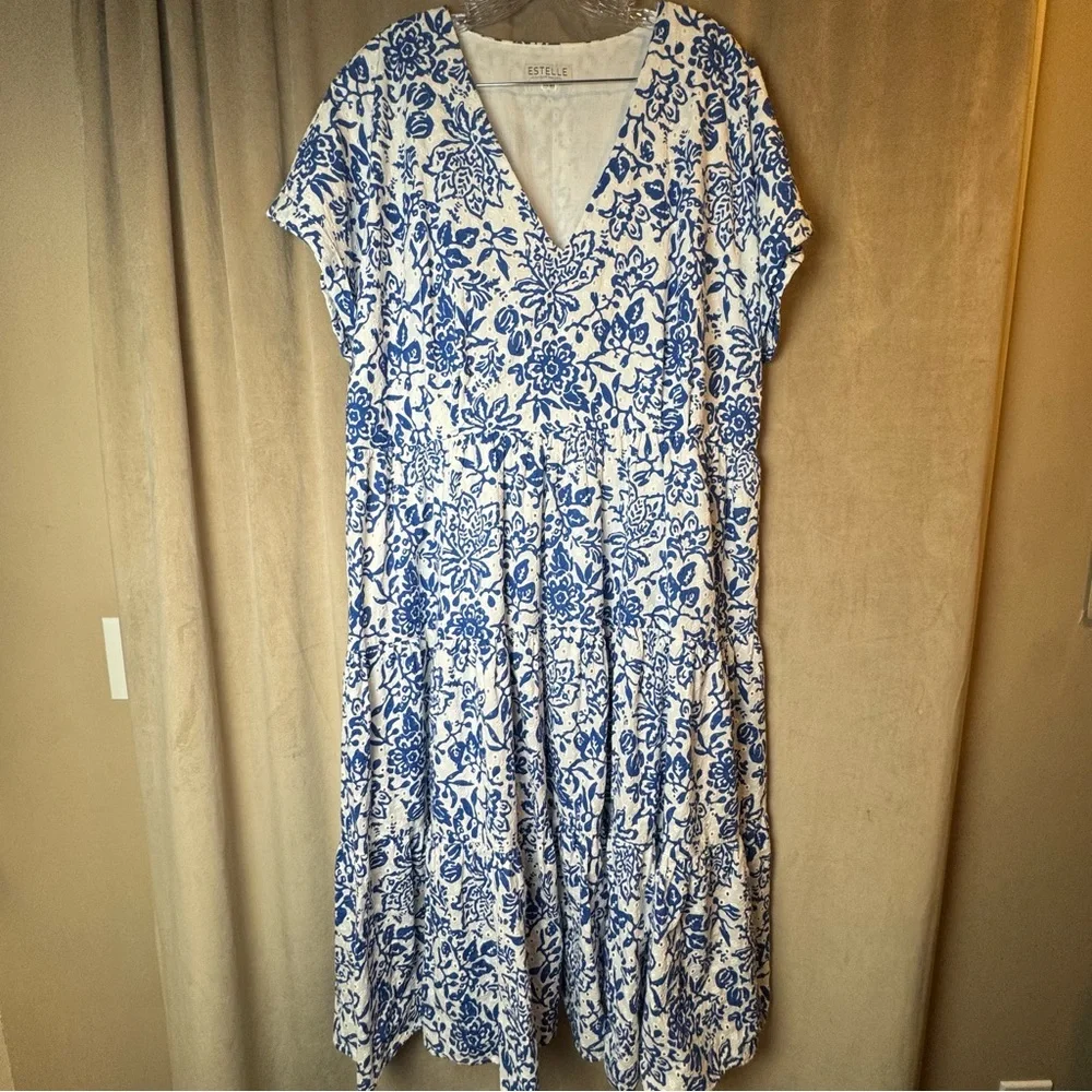 Estelle Cote Dazur Embroidered Midi Dress 1X 2X Eyelet Floral Summer Cotton